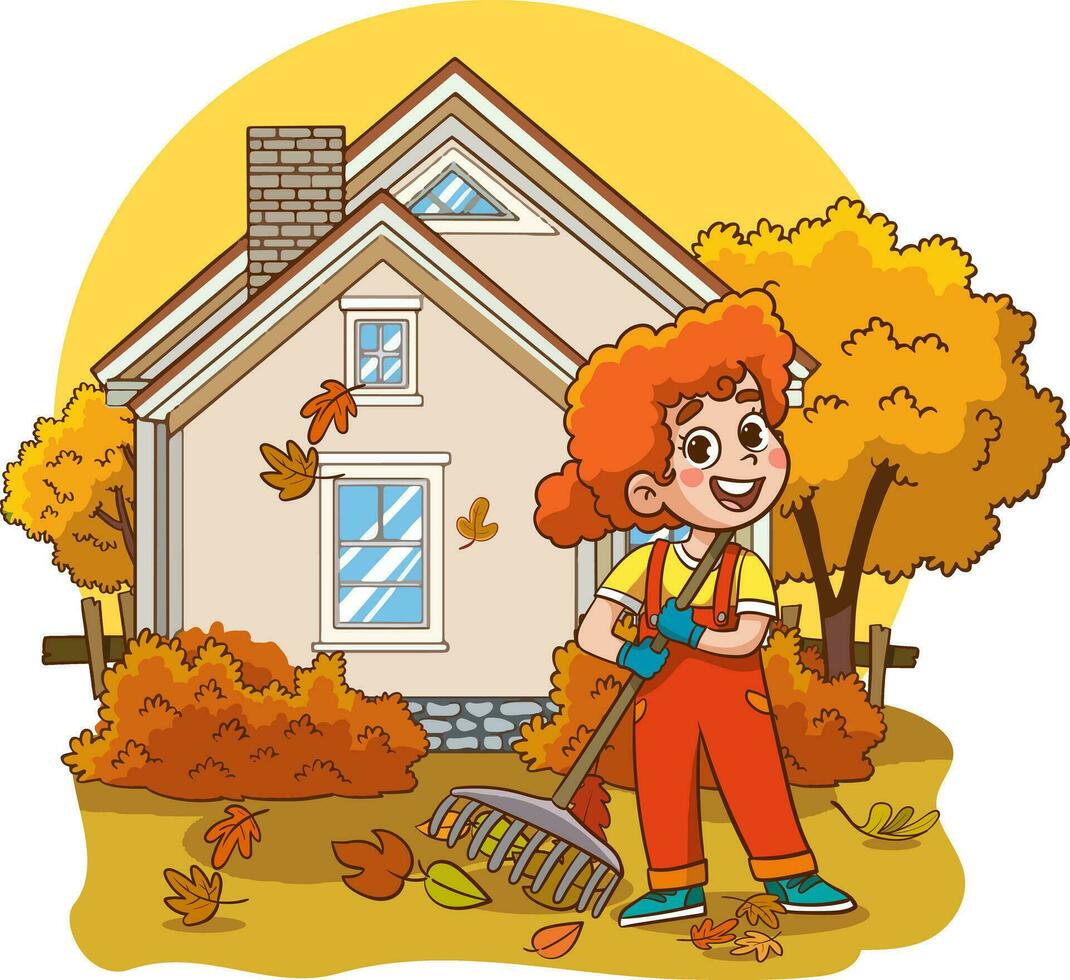 Girl raking leaves in front of the house. Vector illustration.