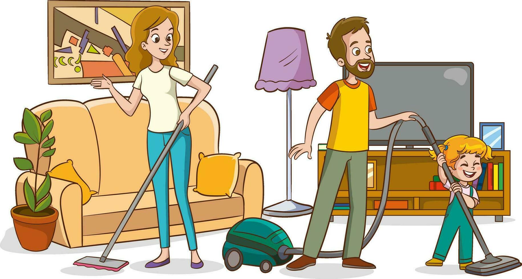ilustración de un familia Pasar la aspiradora el vivo habitación a hogar vector