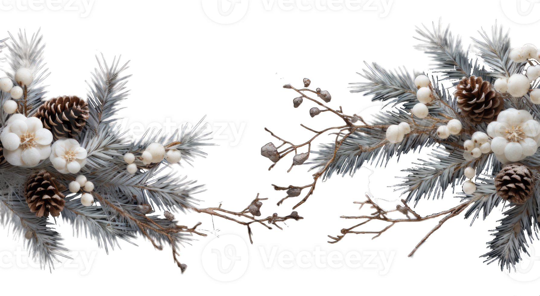 Fir branch, with branches of berries and snow isolated. snowing fir tree branch, isolated on transparent background, AI generated png