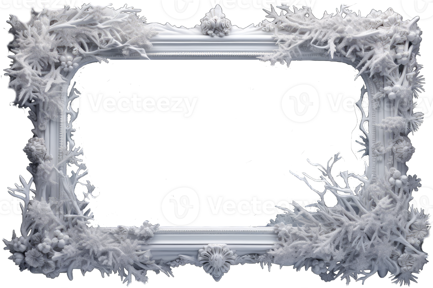 A frame of a frosty pattern of ice crystals on a transparent background. A frame with an abstract ice structure. Frost on the glass, freezing effect, AI generated png
