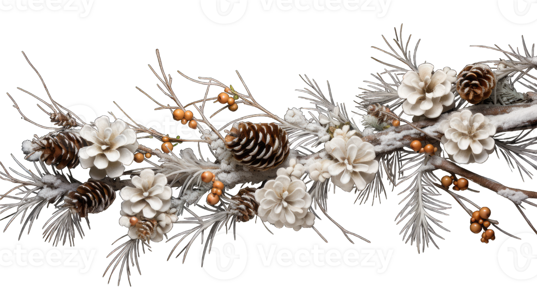 Fir branch, with branches of berries and snow isolated. snowing fir tree branch, isolated on transparent background, AI generated png