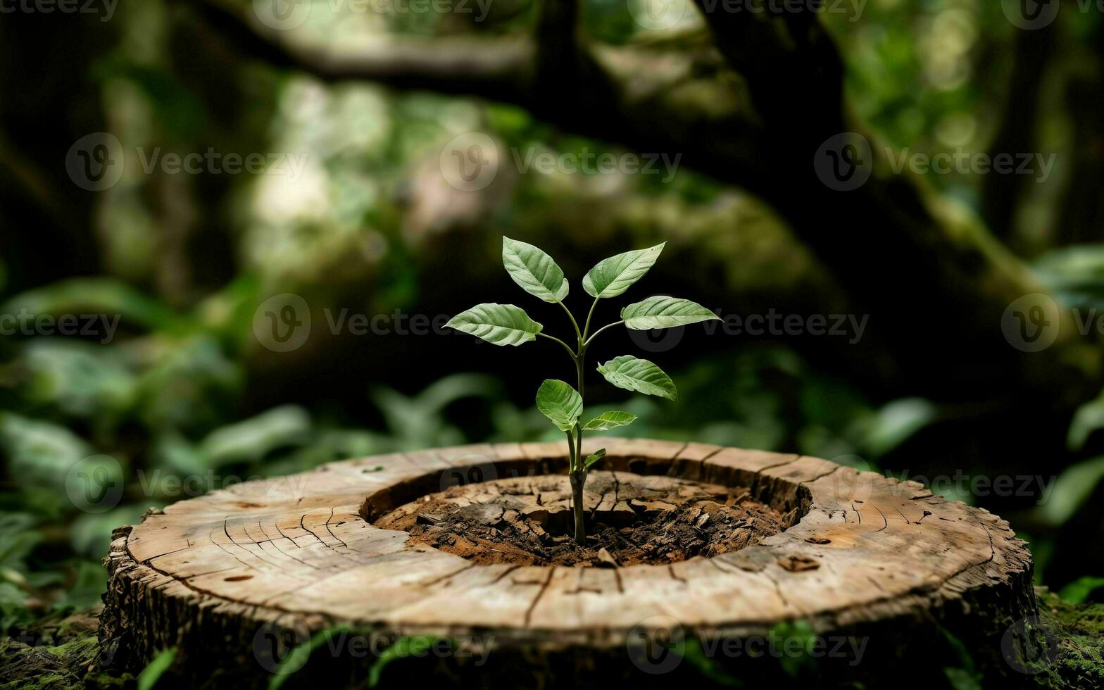 Renewal of Life Young Tree Emerging from Old Stump ai generated photo