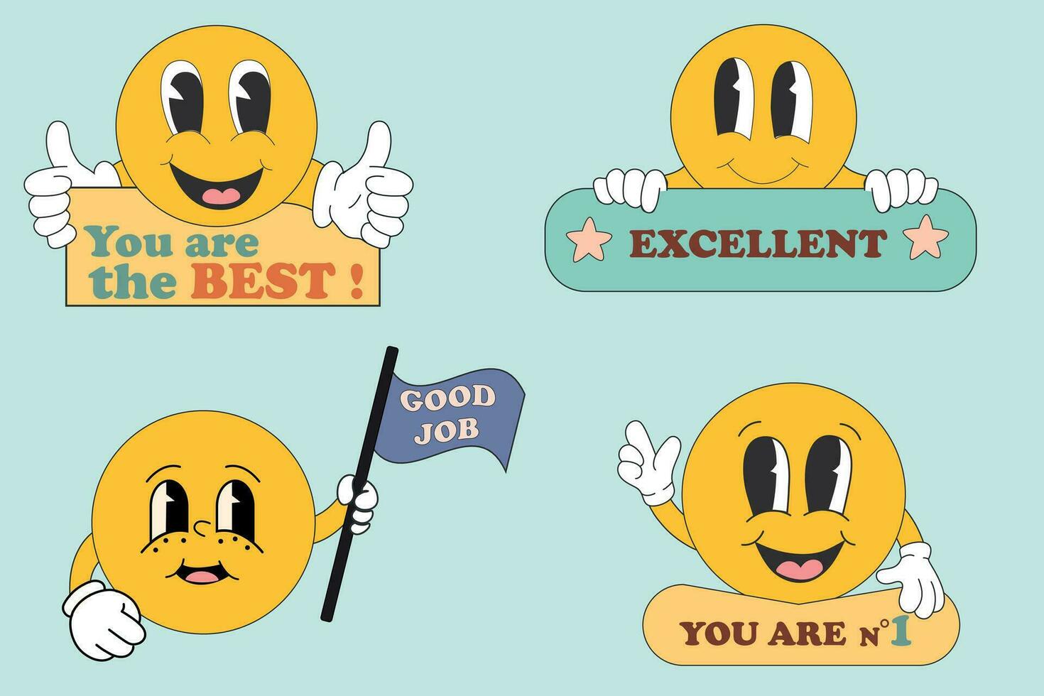 Happy face smile face job and great job stickers set vector illustration