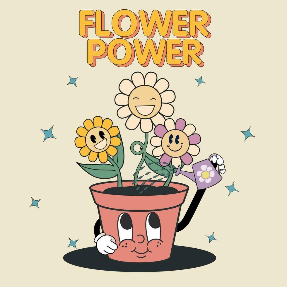 maravilloso hippie 70s póster. gracioso dibujos animados flor, arcoíris, amar, margarita etc. vector tarjetas en de moda retro psicodélico dibujos animados estilo. vector antecedentes. flor fuerza.