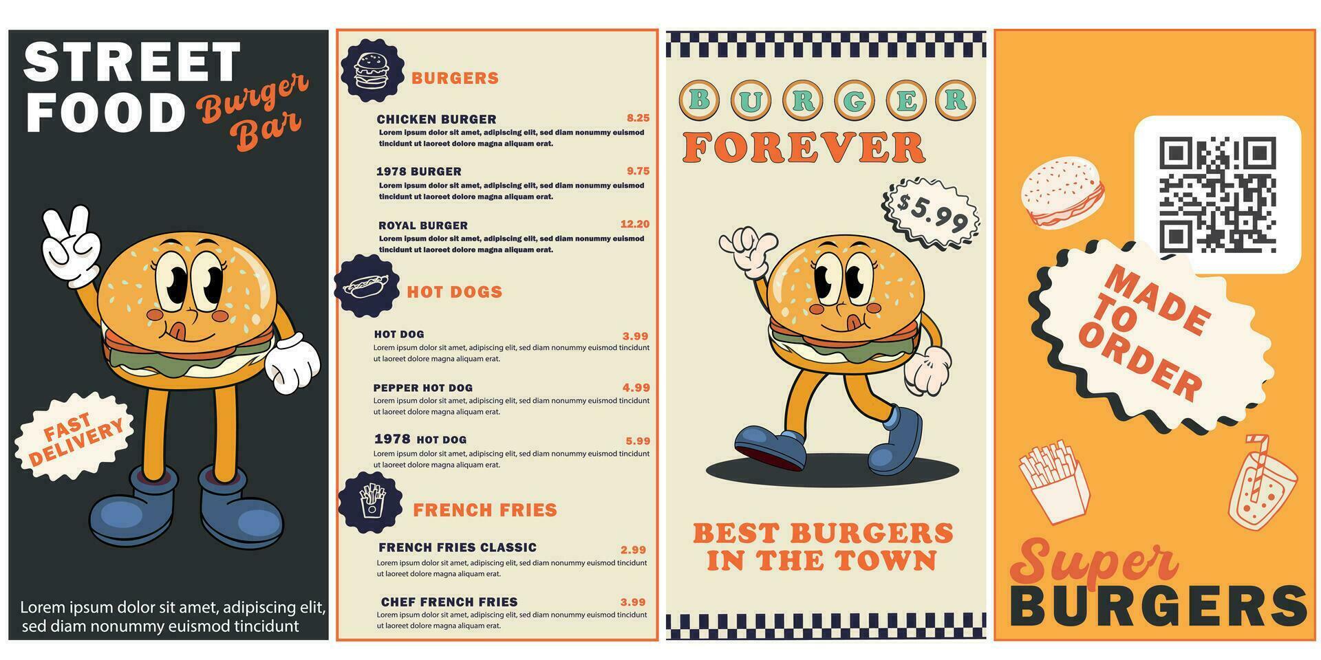 Burger retro cartoon fast food posters and cards. Comic character slogan quote and other elements for burger bar cafe restaurant. Menu, invitation, stories template. Groovy vector illustration