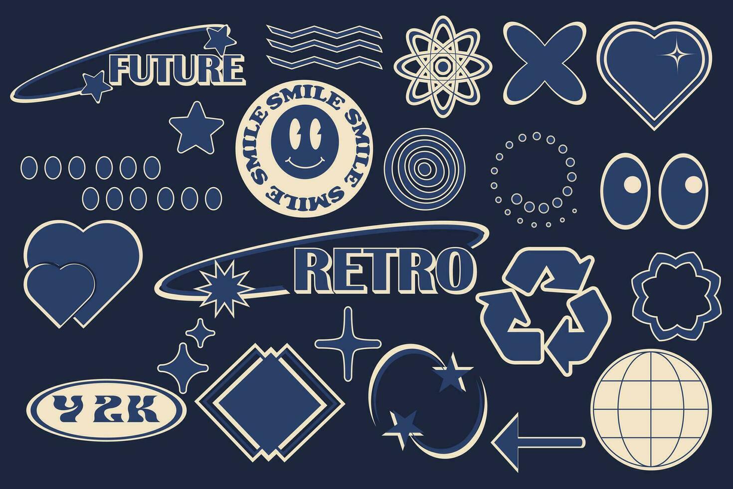 Retro futuristic sticker. Collection of abstract graphic geometric symbols and objects in y2k style. Templates for notes, posters, banners, stickers, business cards, logo. Nostalgia for 2000s. vector