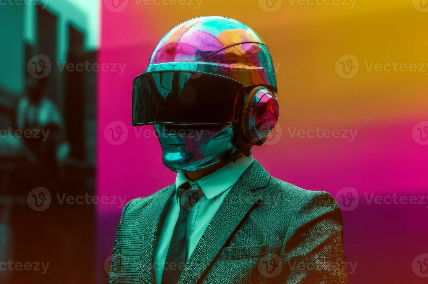 Man cyber colorful helmet suit. Generate Ai photo