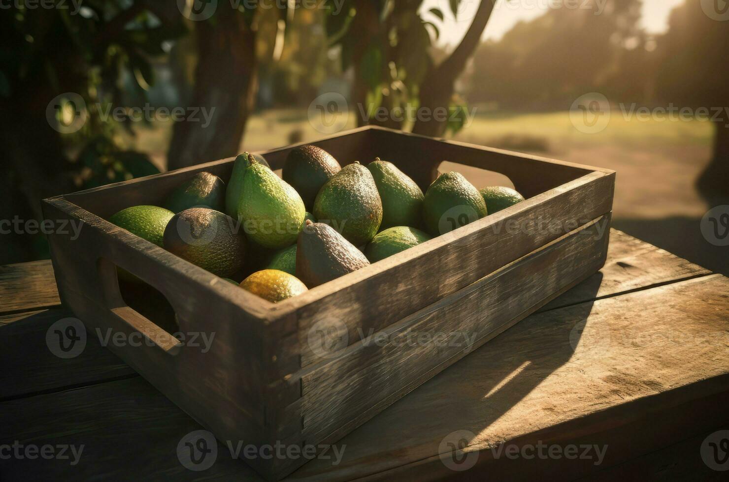 Avocado wooden box at table. Generate Ai photo