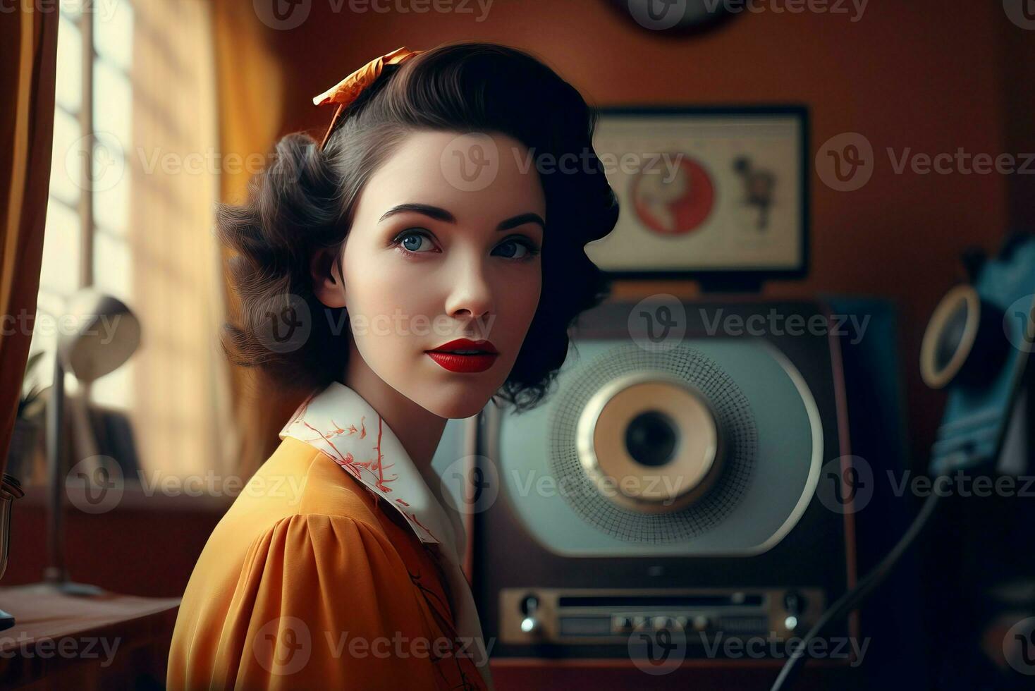 Woman retro music style radio. Generate Ai photo