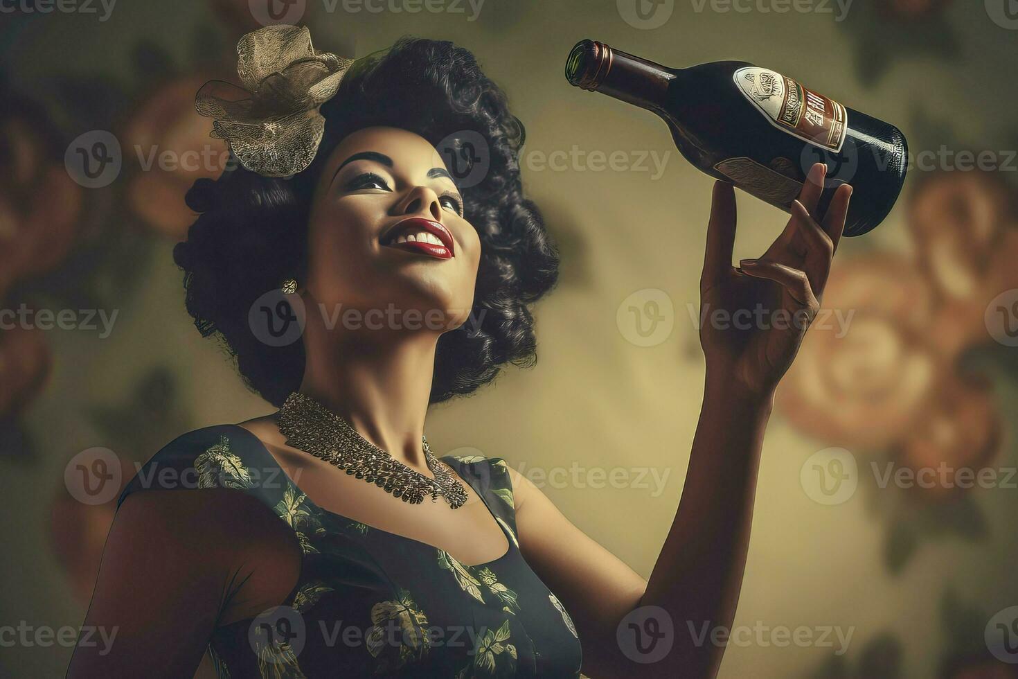 Retro woman toasting wine. Generate Ai photo