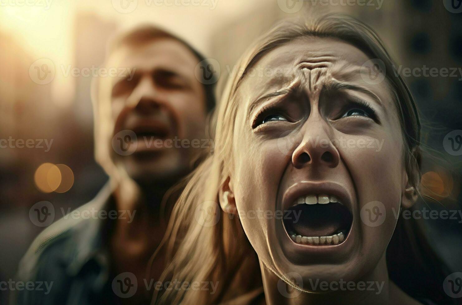 Crying female with angry man photo portrait. Generate Ai