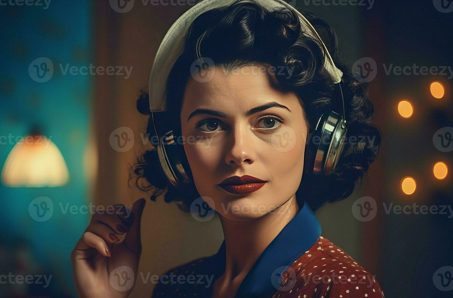 Woman retro music style. Generate Ai photo