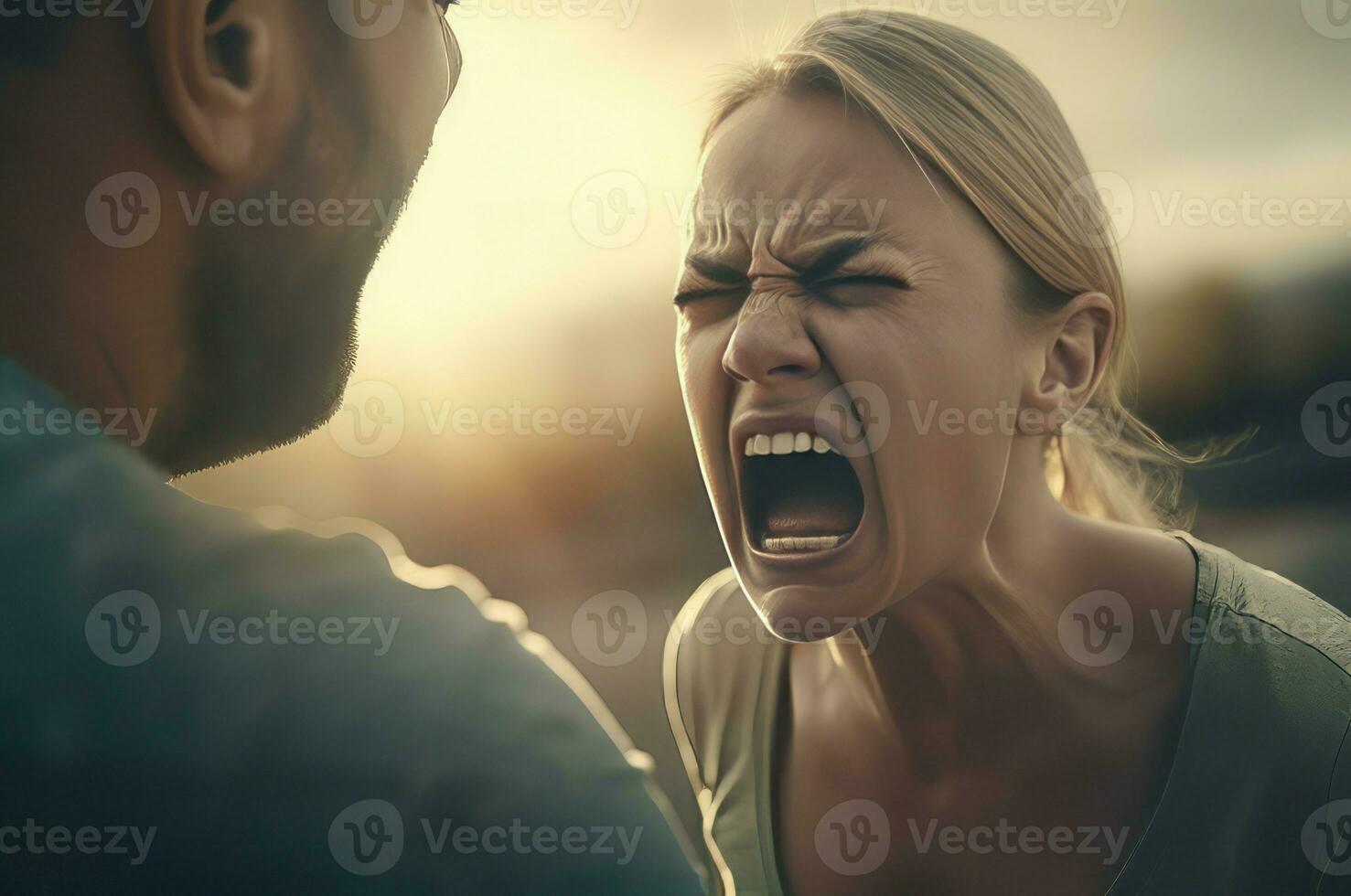 Crying female with angry man. Generate Ai photo