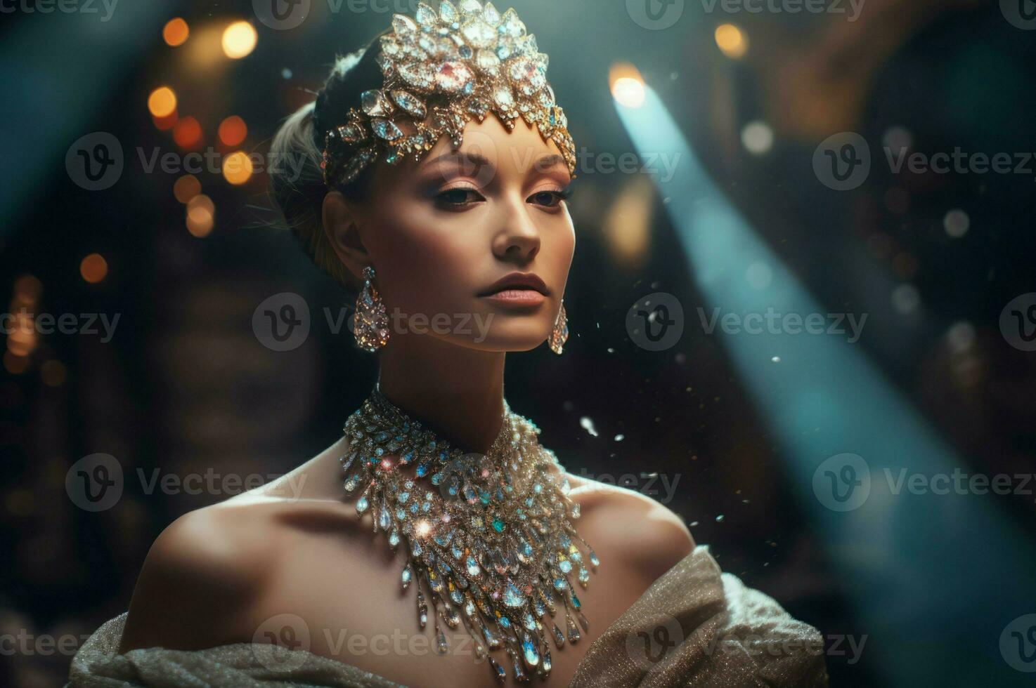 Princess outfit gems dress at evening. Generate Ai photo