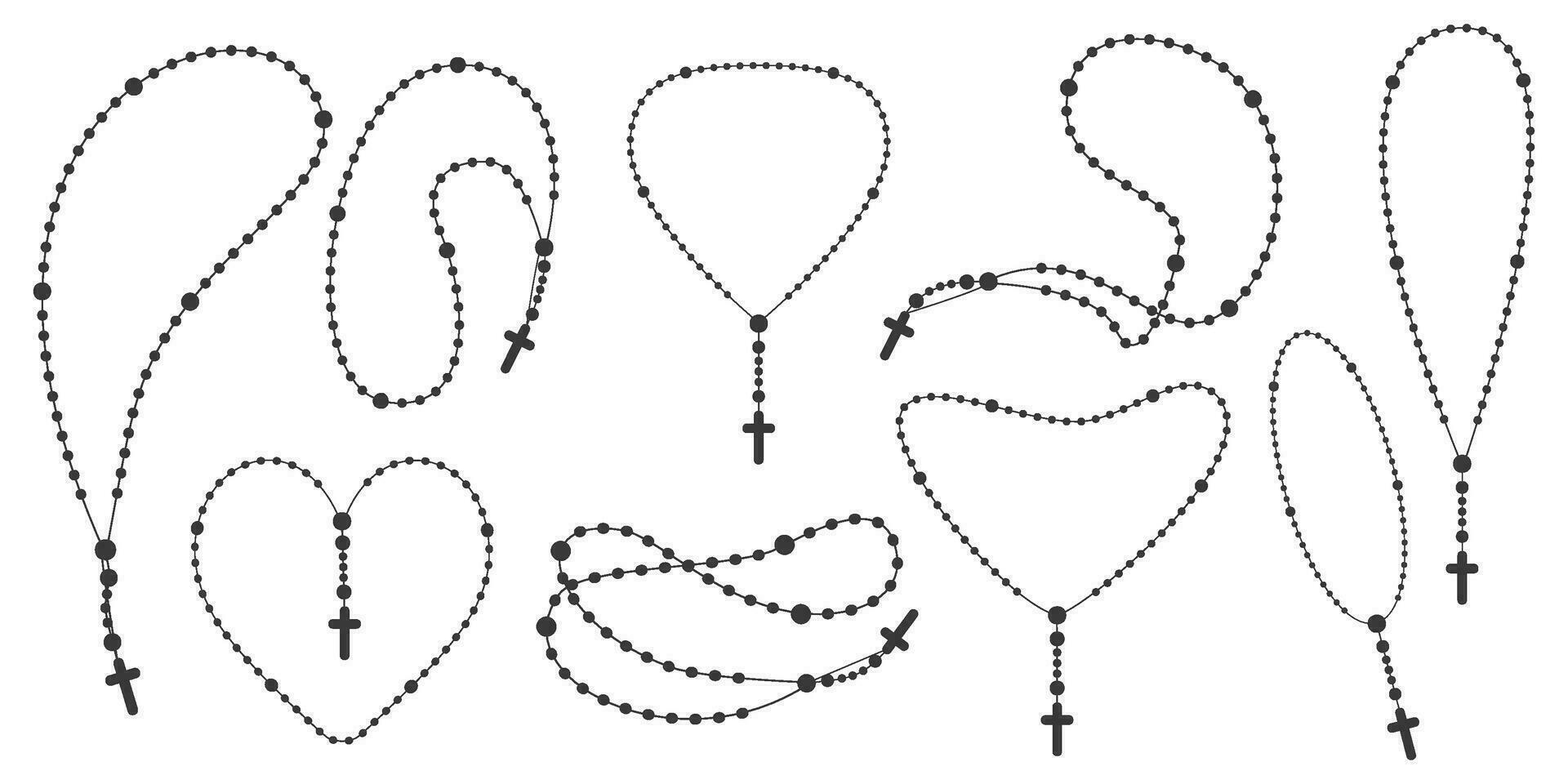 Rosary beads silhouettes set. Prayer heart shaped jewelry for meditation. Catholic chaplet with a cross. Religion symbol. Vector illustration.