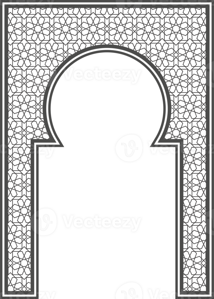 Islamic frame with arch and ornament. Ramadan gate on geometric background for wedding invitation design. Oriental decoration png