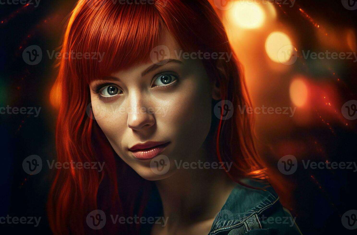 Cinematic red hair girl beautiful. Generate Ai photo