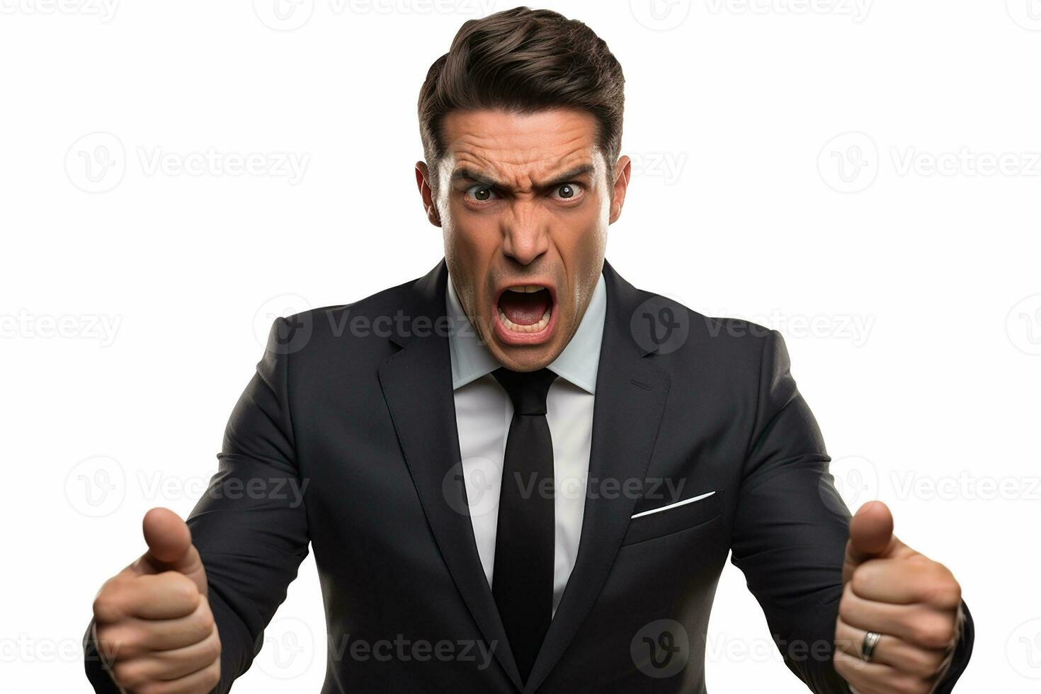 Man in suit standing and showing his angry emotion. Portrait businessman during angry. Isolated on white background. Generative AI photo