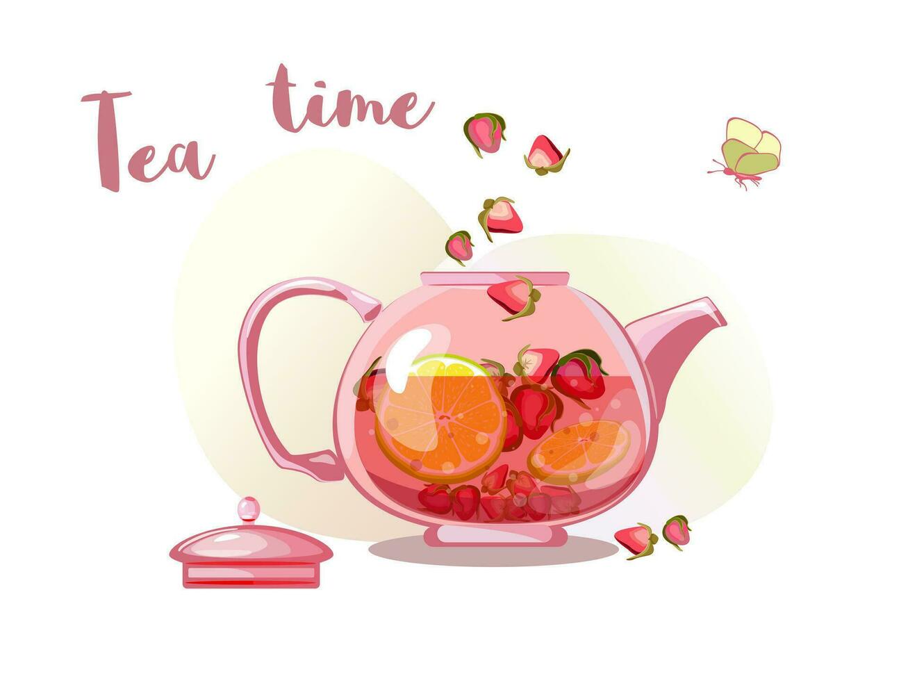 taza para té con fresa naranja té. hora o reloj. vector