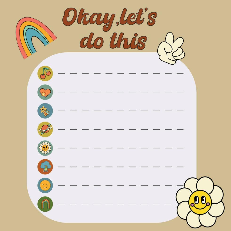 To do list template. Groovy daily planner, vinrage weekly planner, note paper decorated retro 70s groovy elements Vintage scheduler or organizer. Funky illustration. Vector illustration