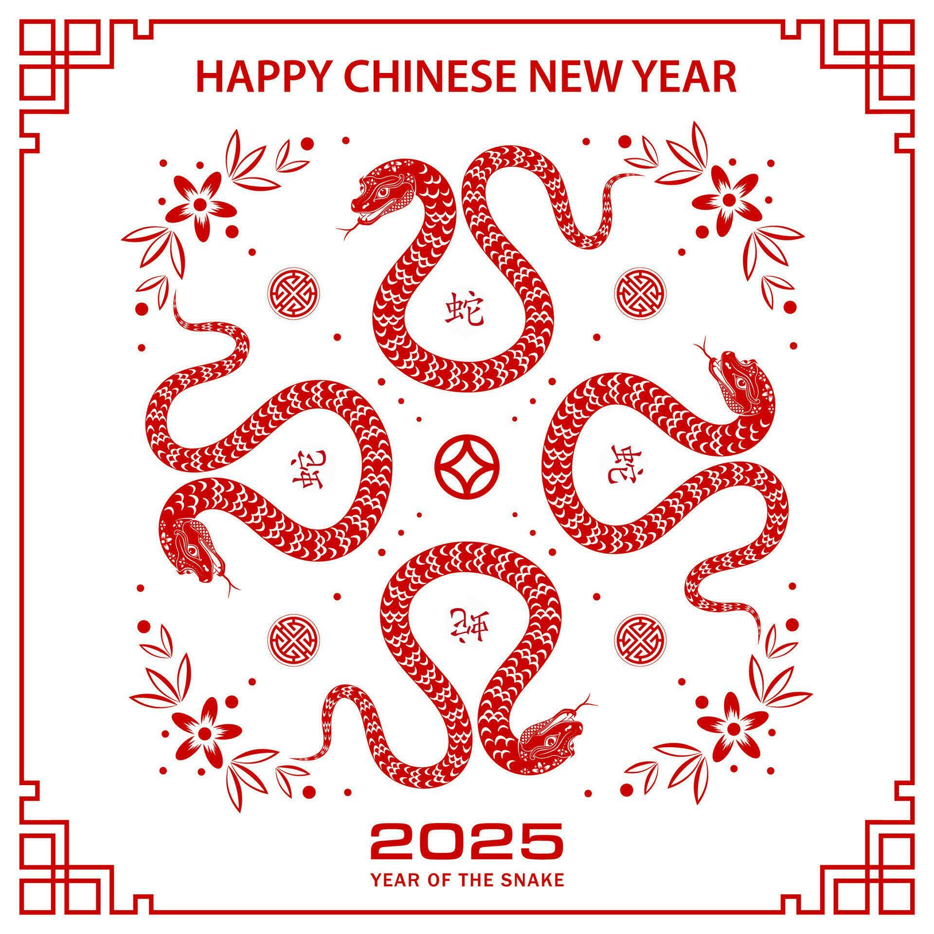 Happy Chinese new year 2025 Zodiac sign, year of the Snake, with red