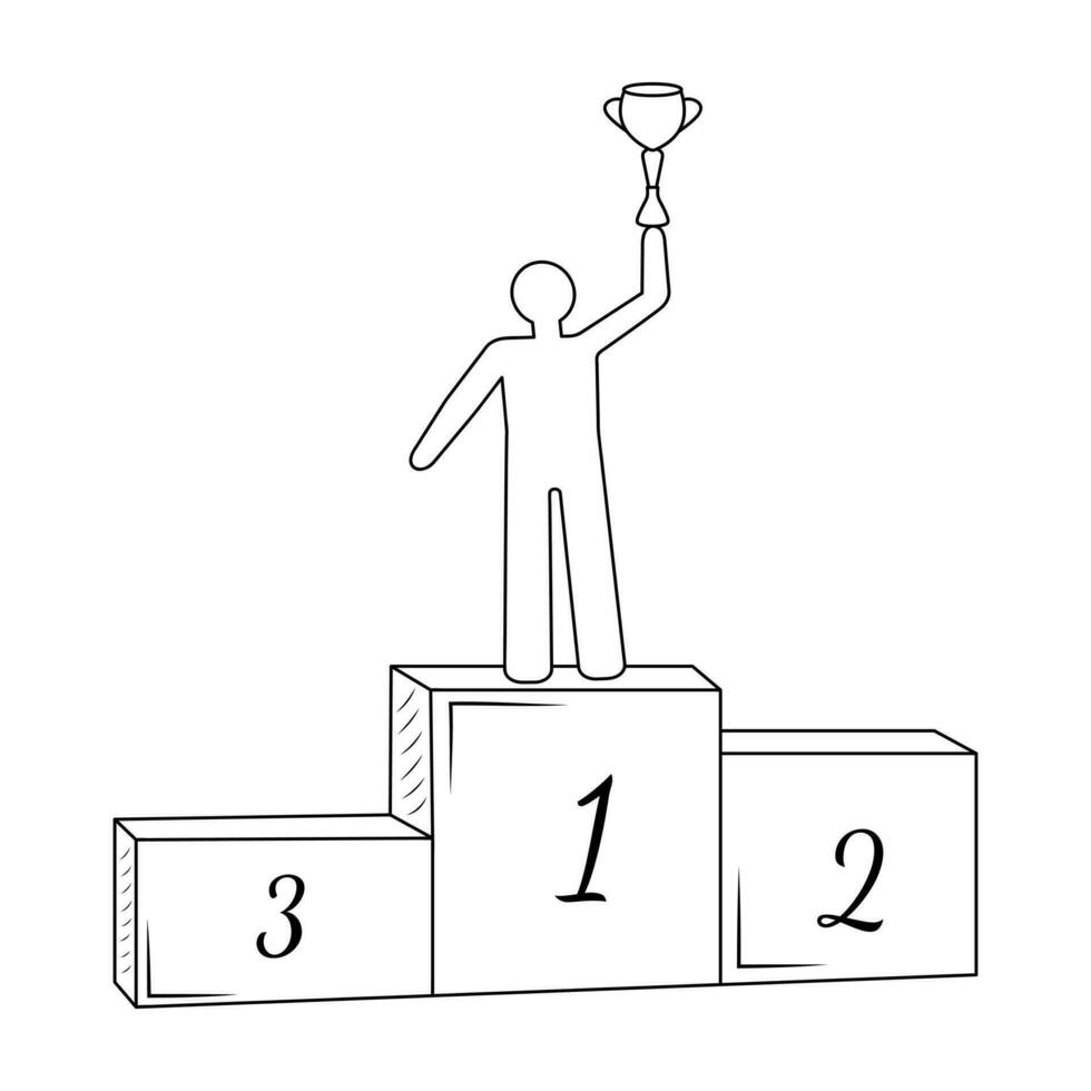 Winner on the step first place holding victory reward cup. Line art icon. Win, strategy, goals, opportunity or success concept. vector