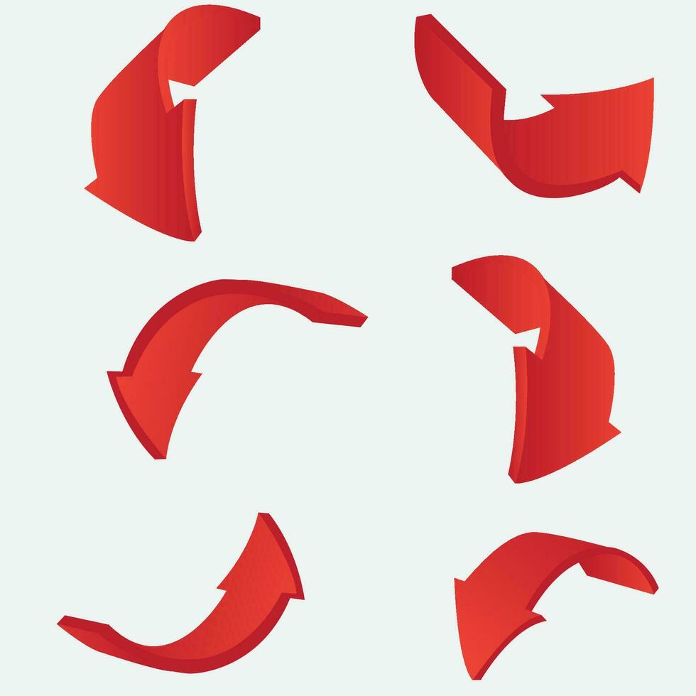 Red 3d arrows of various shapes set. Realistic arrow twisted in various directions. Infographic object a pointer sign vector