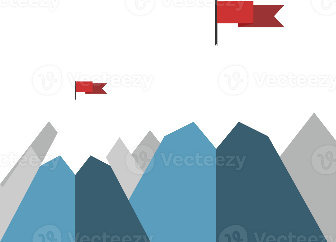 Red flag on mountain peak. Success concept illustration. Transparent background png
