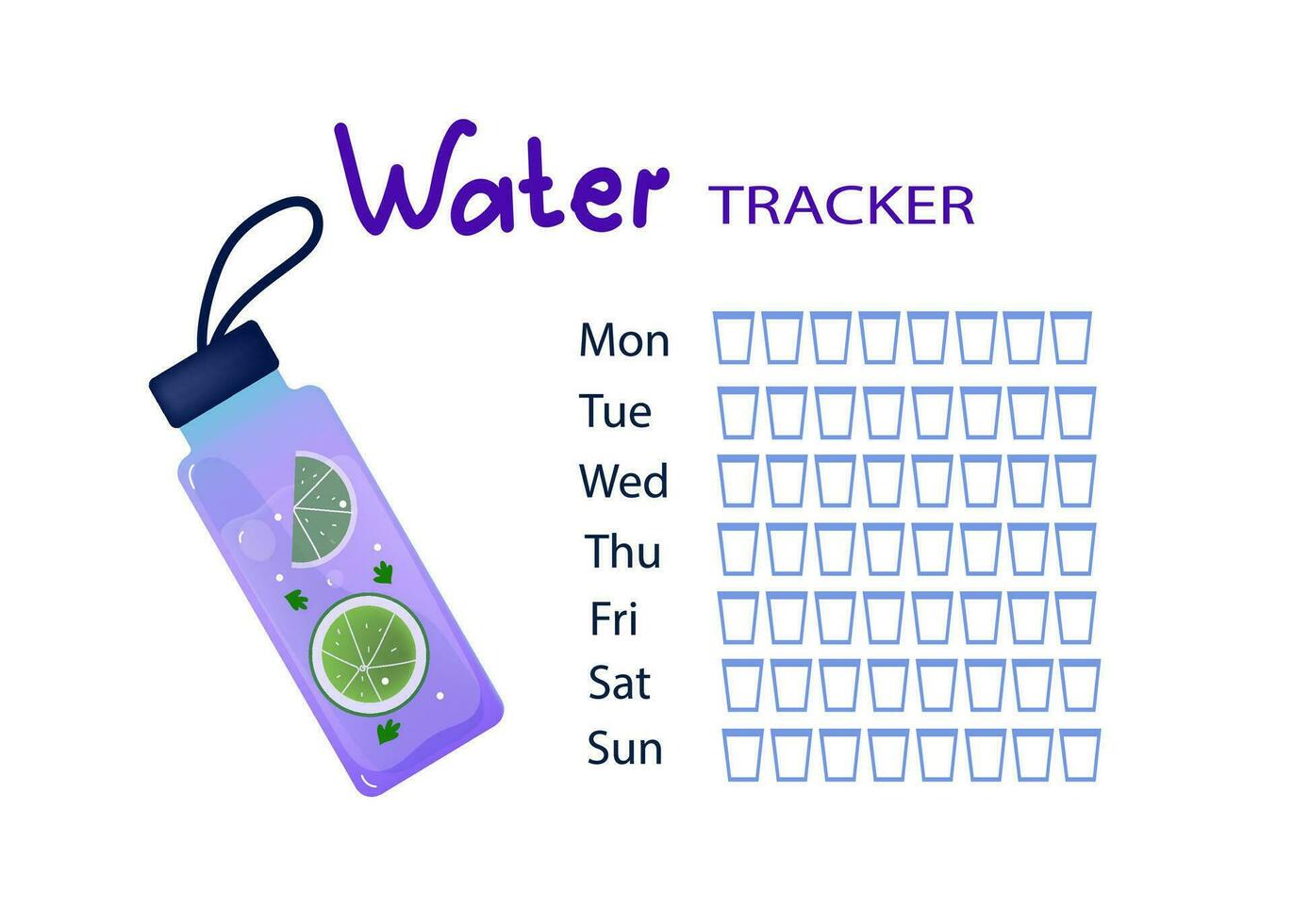 Daily water tracker. Reusable sport bottle with lemon and herbs. Water balance. vector