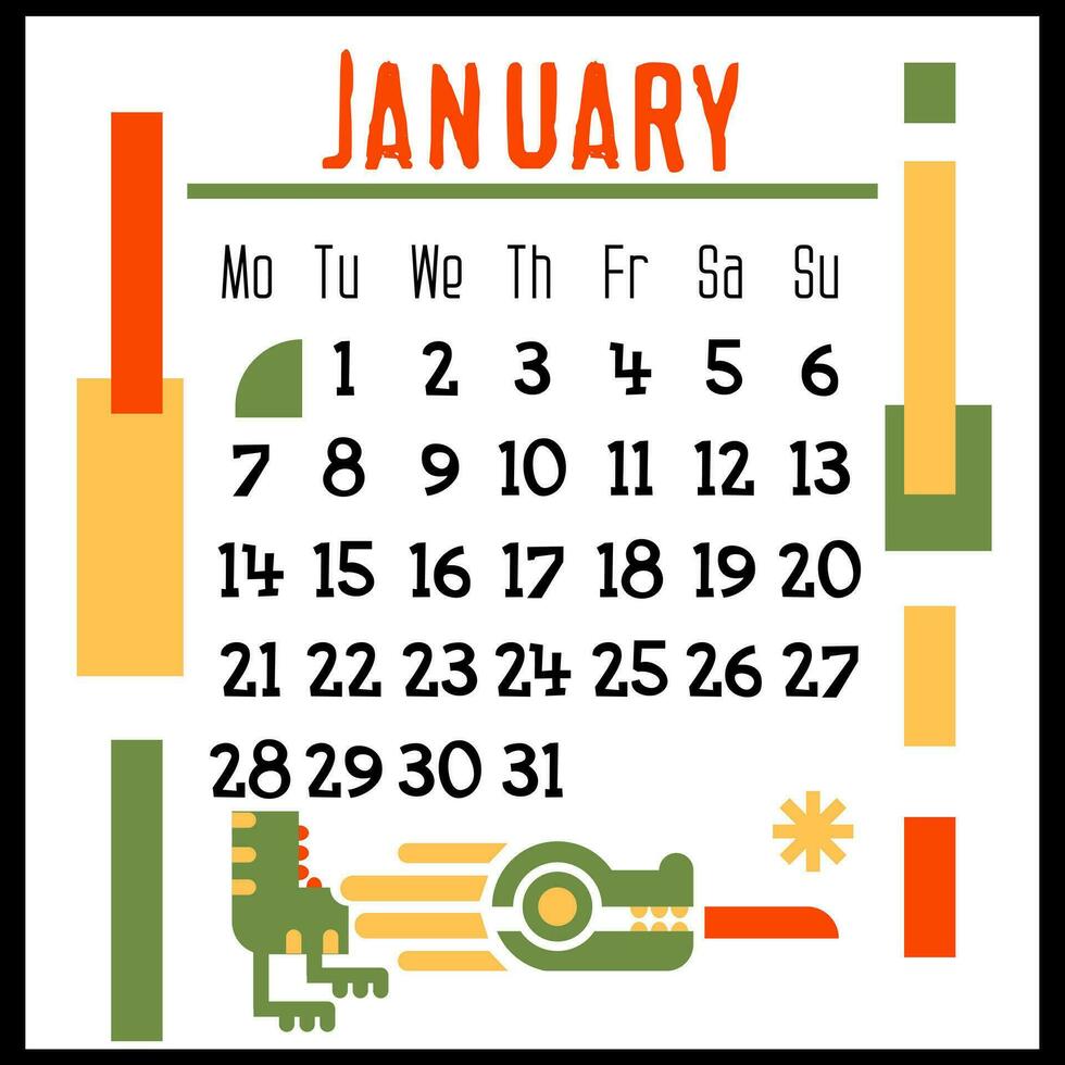 un cuadrado calendario página para enero 2024 con un verde geométrico continuar. aislado en un blanco antecedentes. el símbolo de el año de el continuar. el continuar sabores un copo de nieve. vector ilustración. color