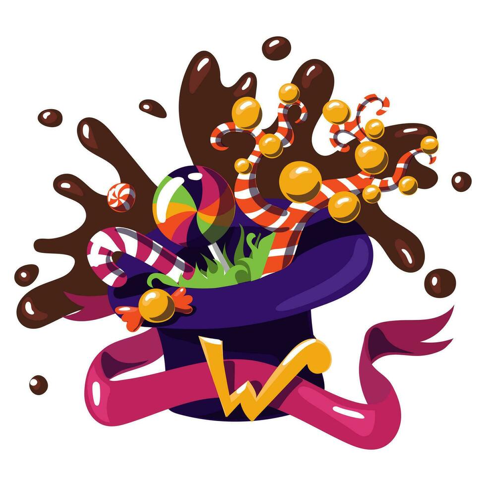 Purple hat with candy. The world of Willy Wonka hat with fictional sweets. The chocolate factory. Willy Wonka chocolate. A hat with sweets, a ribbon and the letter W on a white. Production of sweets vector
