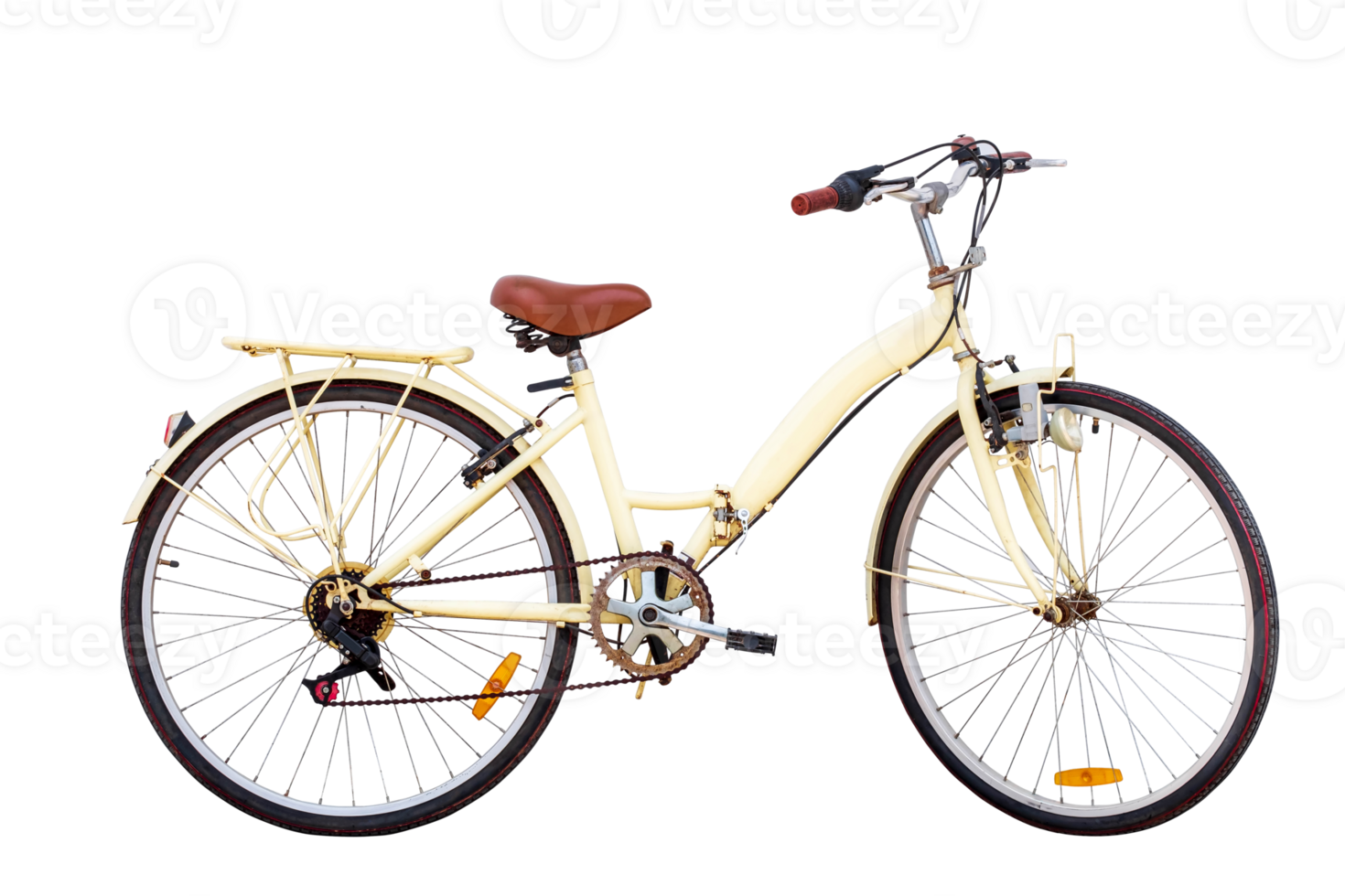 Side view dicut of Old vintage yellow bicycle isolated on transparent background with clipping path include, Classic City Bike, Retro styled image century bicycle, PNG File format