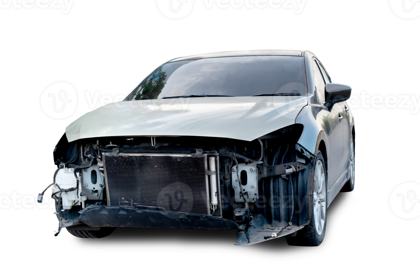 PNG format of Front and side of black car get hard damaged by accident on the road. damaged cars after collision. isolated on transparent background, car crash bumper, broken car accident