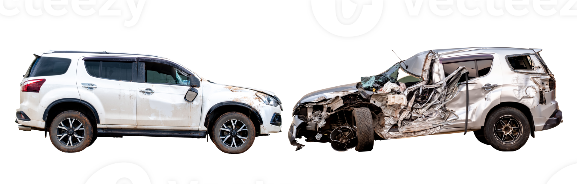 Full body side view of silver bronze car get full damaged by accident on the road. damaged cars after collision. Isolated on transparent background , PNG File