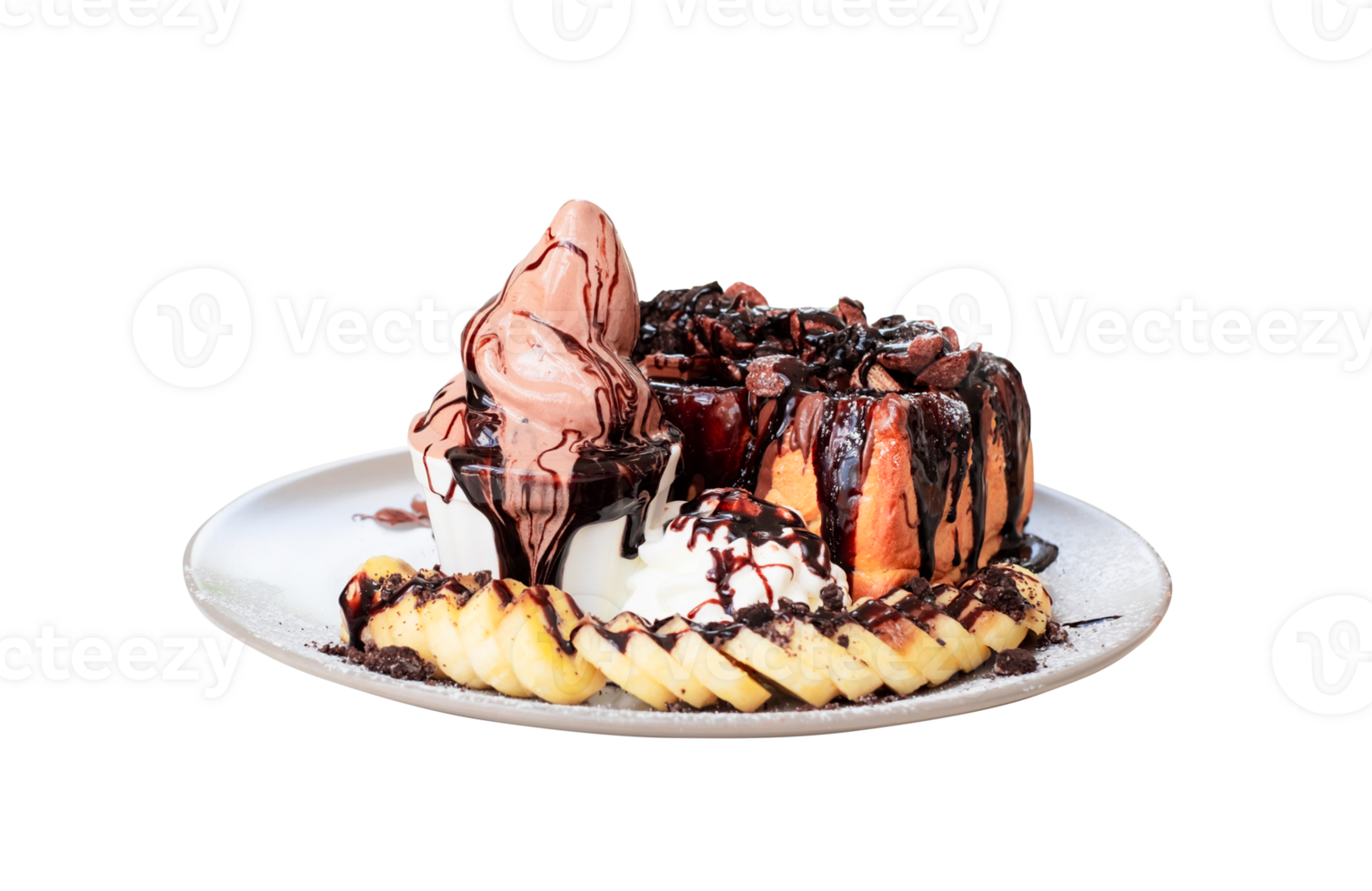 Chocolate toast, ice cream and toast with banana in a white plate isolated on transparent background, PNG File format