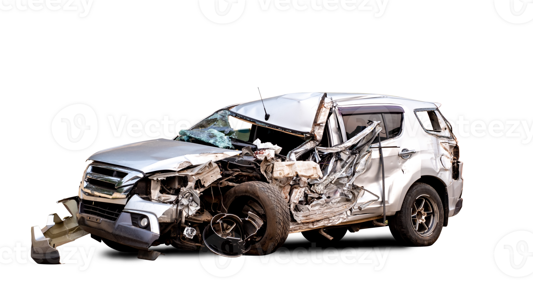 PNG format. Front of white car get damaged by accident on the road. damaged cars after collision. isolated on transparent background