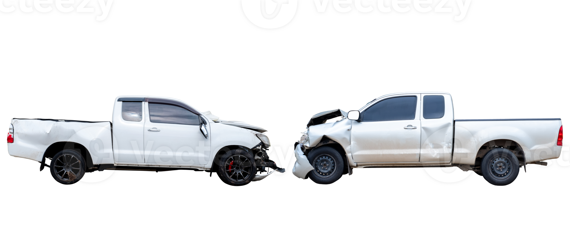 Set of Side view of white pickup car get hard damaged by accident on the road. damaged cars after collision. isolated on transparent background with clipping path png