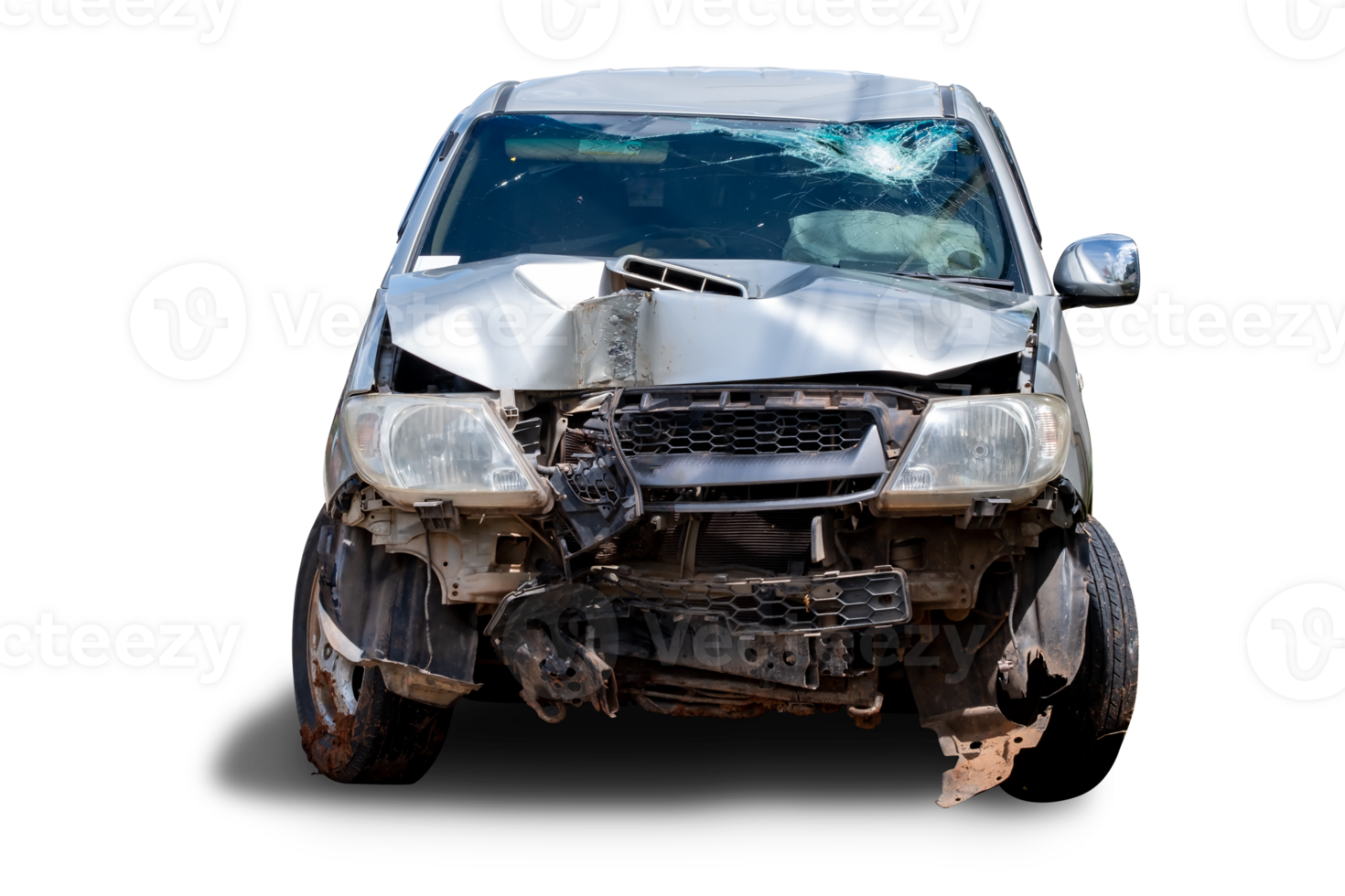 PNG format of Front view of bronze pickup car get hard damaged by accident on the road. chapped cars after collision. isolated on transparent background, broken car