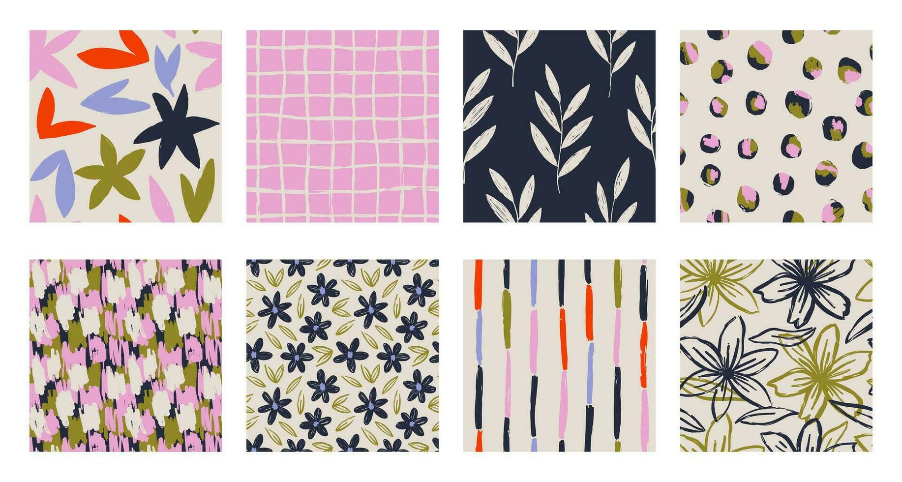 Set of Abstract contemporary seamless pattern with hand drawn flower shapes, spots, dots and lines with textures. Vibrant boho print. Modern collage vector illustration