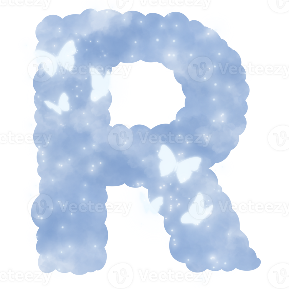 cloud blue R alphabet with butterflies and sparkles png