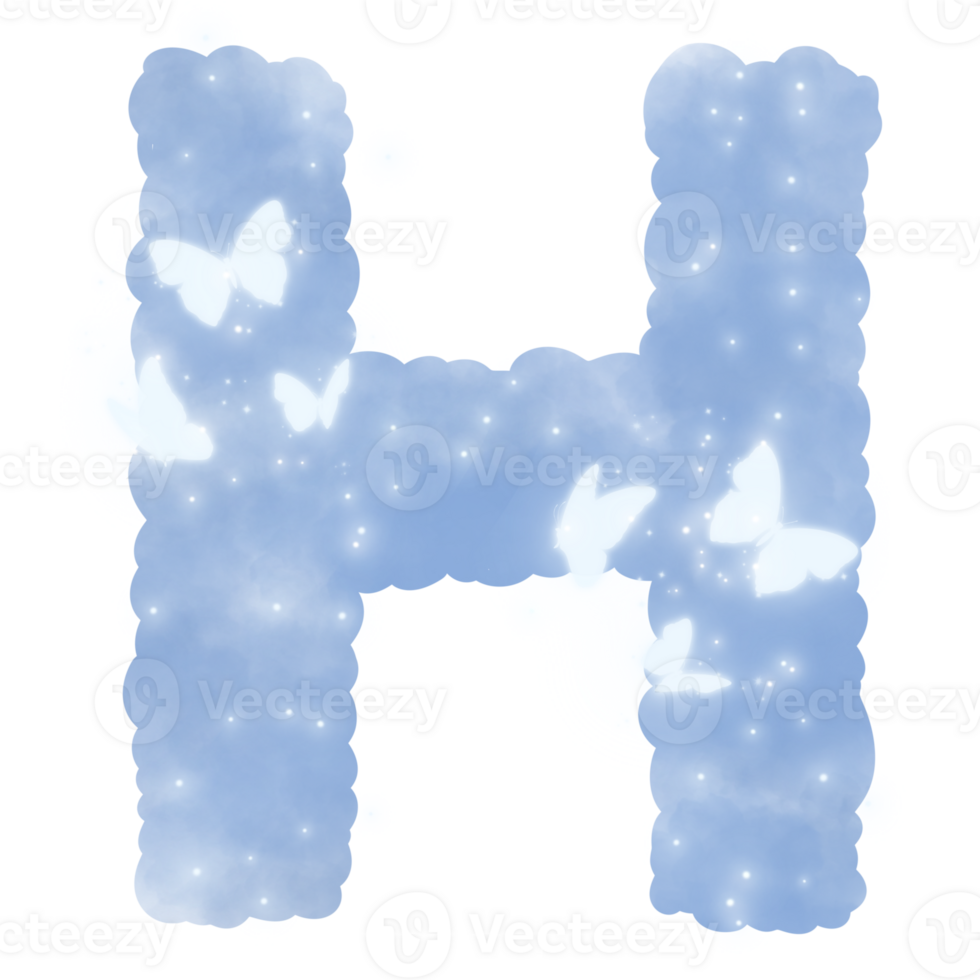 cloud blue H alphabet with butterflies and sparkles png