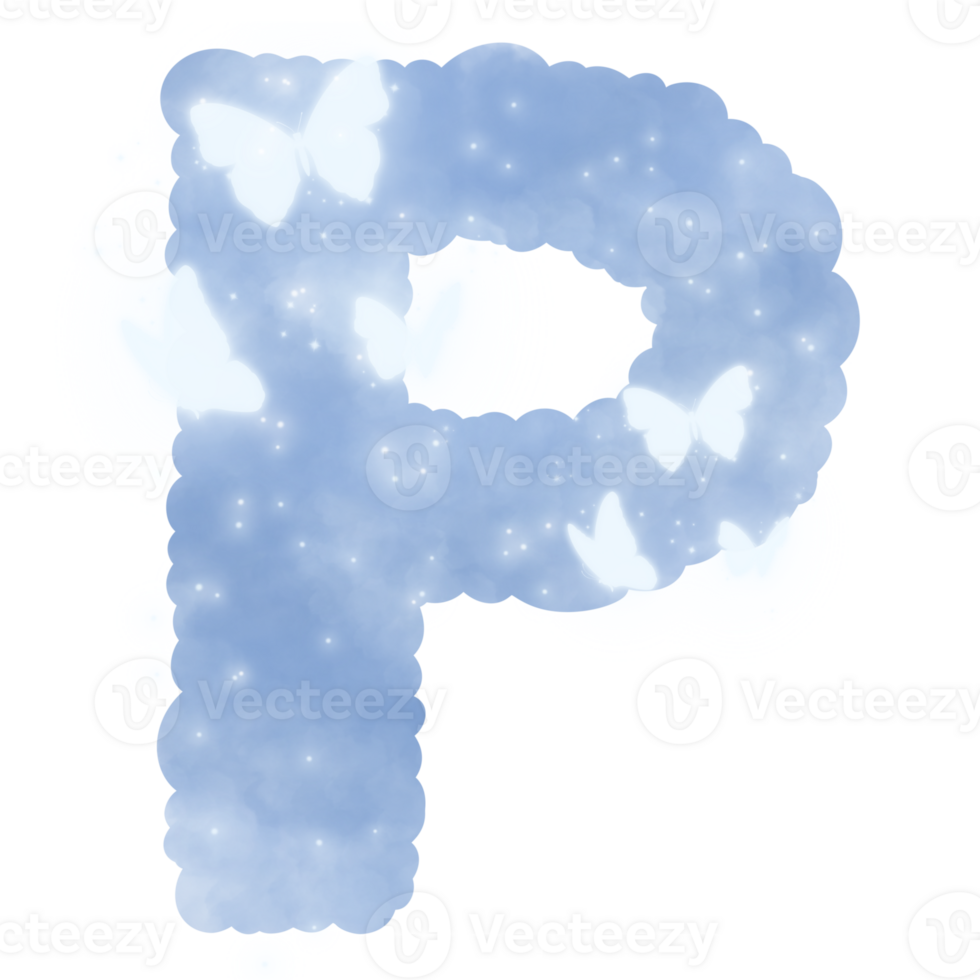 cloud blue P alphabet with butterflies and sparkles png