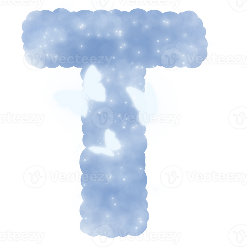 cloud blue T alphabet with butterflies and sparkles png
