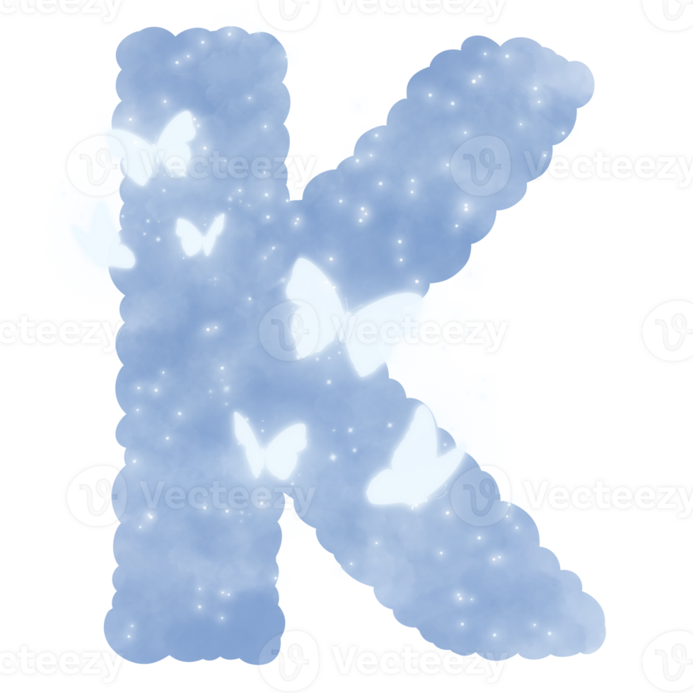 cloud blue K alphabet with butterflies and sparkles png