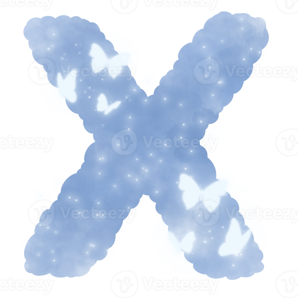 cloud blue X alphabet with butterflies and sparkles png