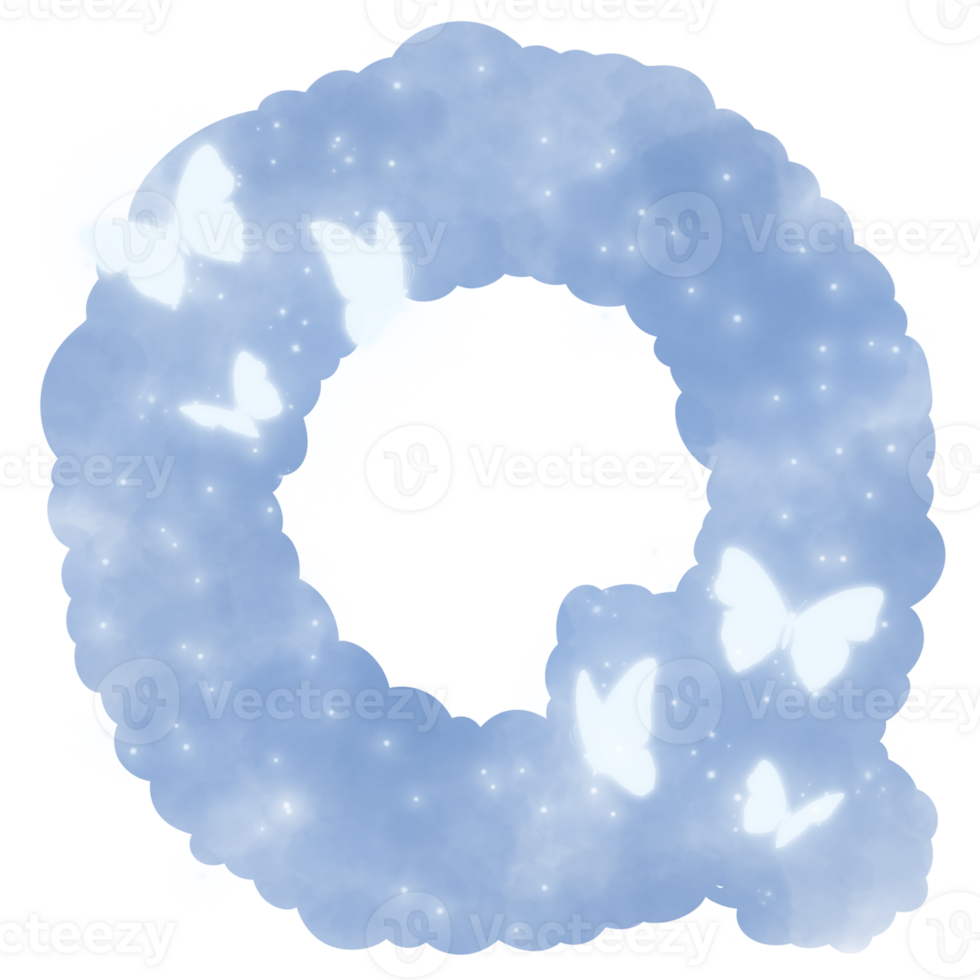 cloud blue Q alphabet with butterflies and sparkles png