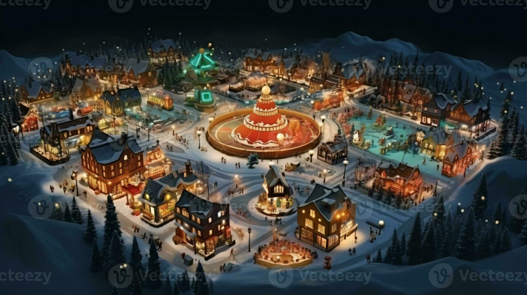 ai generative Realistic cozy small Christmas town by night isometric or birds eye view photo