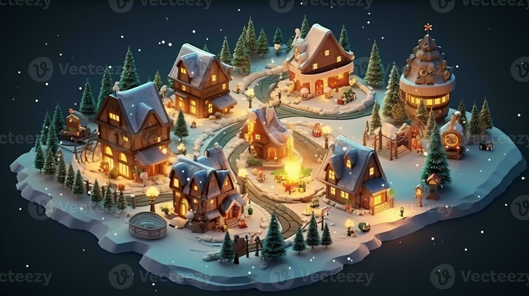 ai generative Realistic cozy small Christmas town by night isometric or birds eye view photo