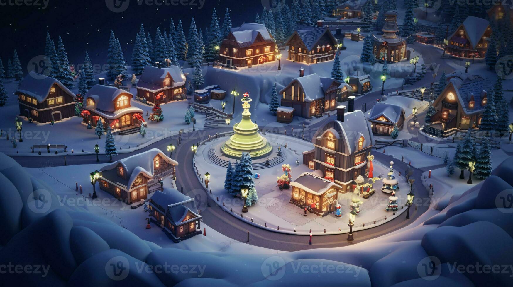 ai generative Realistic cozy small Christmas town by night isometric or birds eye view photo