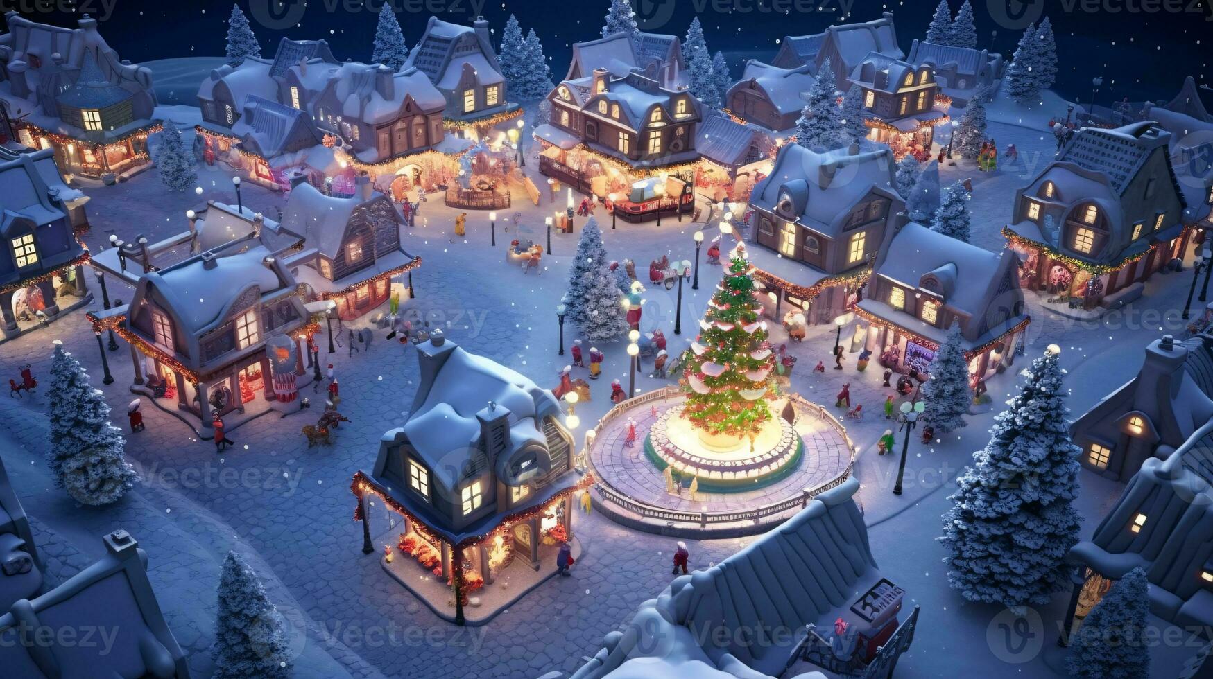 ai generative Realistic cozy small Christmas town by night isometric or birds eye view photo